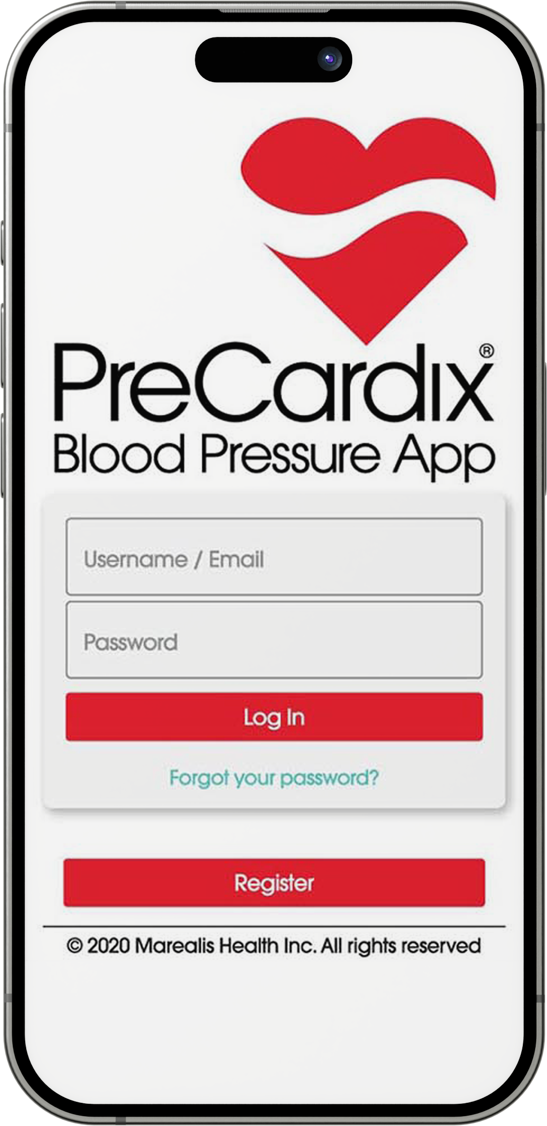 Initial user registration screen of the PreCardix app, inviting new users to sign up and embark on a path to improved cardiovascular health.
