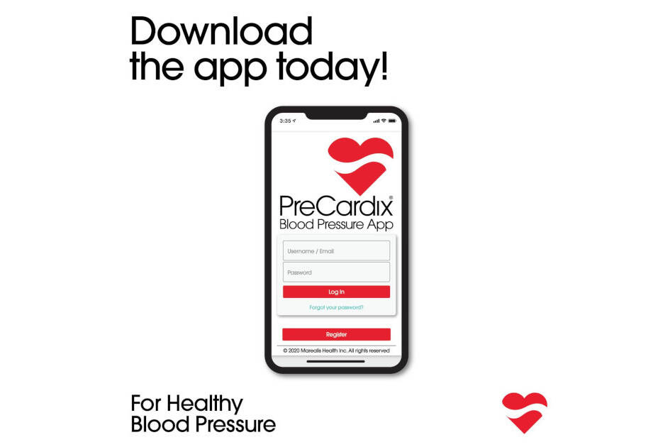 Smartphone screen displaying PreCardix® Blood Pressure App with features for tracking blood pressure trends and heart health tips, emphasizing cardiovascular monitoring.