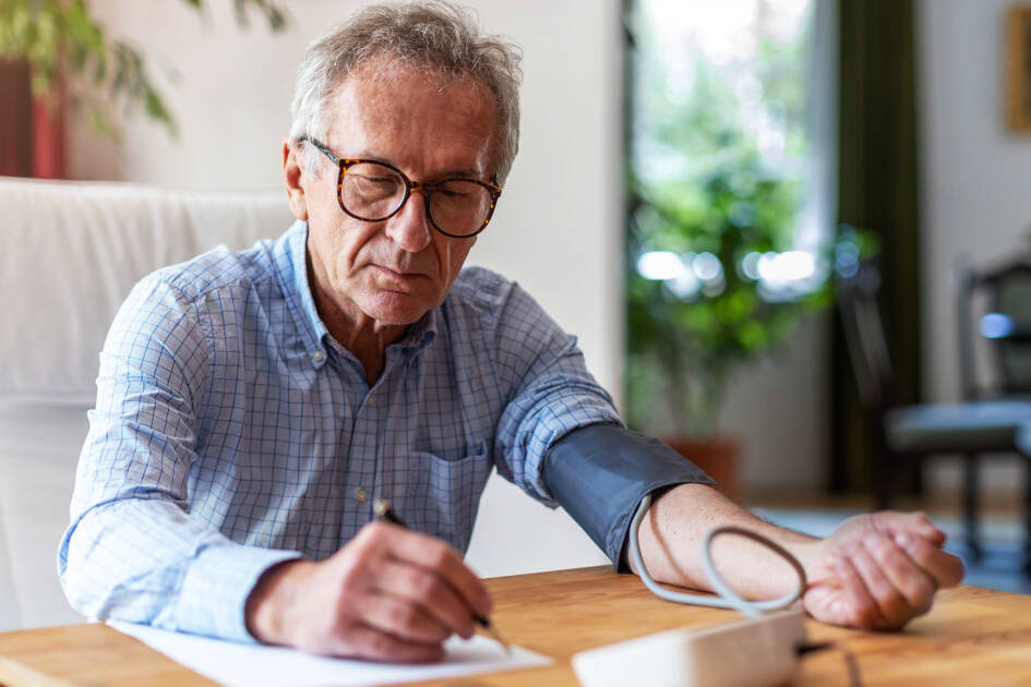 Older man monitoring his blood pressure and diligently noting the results on paper, practicing responsible health management.