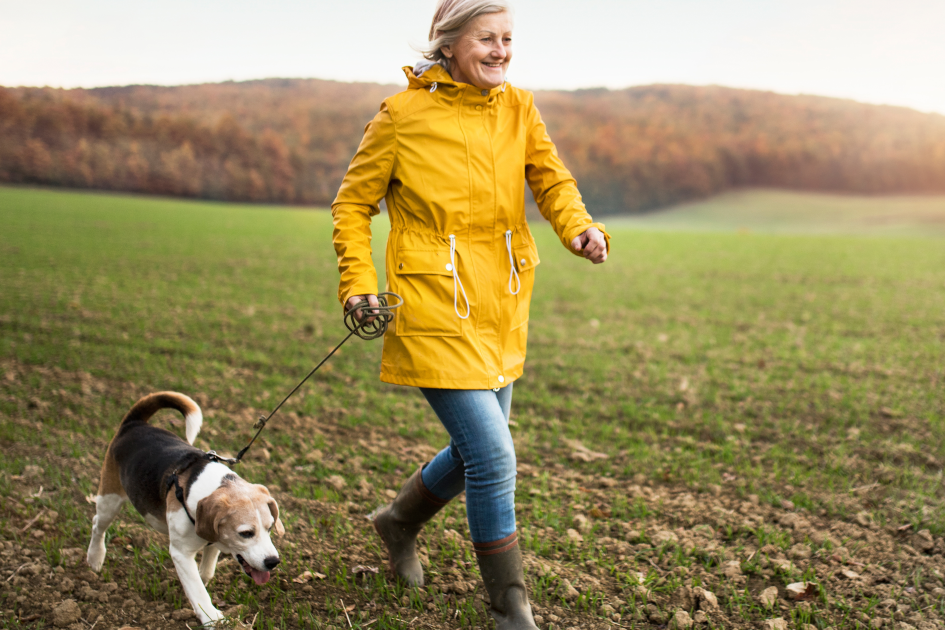 Pets and Wellness: Senior woman walking her dog on a sunny day, illustrating the positive impact of animals on our well-being.